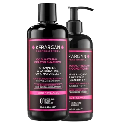 Imagen de Kerargan Dúo Champú y Tratamiento Sin Enjuague con Queratina para Cabello Dañado Estresado Fortalece, Alisa Protege Sulfatos, Parabenos ni Siliconas 500ml + 350ml