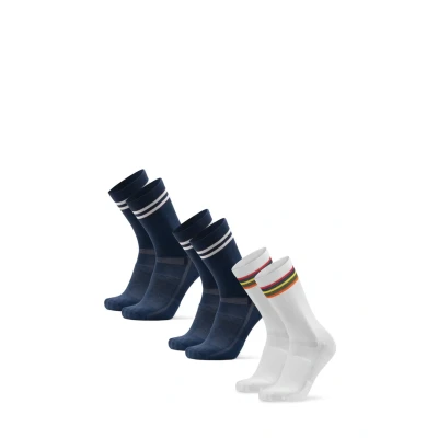 Imagen de DANISH ENDURANCE Calcetines de Ciclismo Altos, Acolchados, Transpirables, MTB y Spinning, Hombres Mujeres, 3 Pack Multicolor (2xAzul Marino/Rayas, 1xBlanco/Rayas) 43 47
