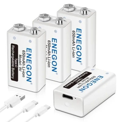 Imagen de ENEGON 9V USB Directa Recargable Batería 650mAh Lito Ion con Cable Type C 2 en 1 para Micrófonos, Alarma de Humos, Juguetes electrónicos, Walkie Talkie y Más aparatos (4 Baterías)