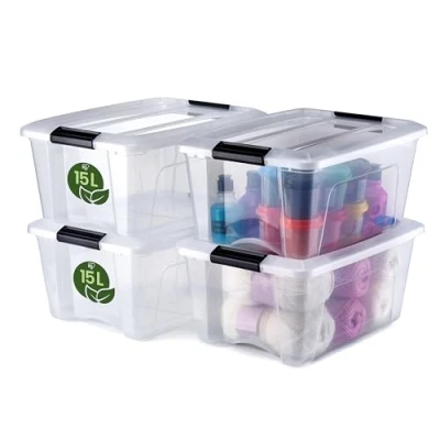 Imagen de Iris Ohyama, Boite Rangement Plastique avec Couvercle, 15L, Lot de 4, Transparent, 100 % en Recyclé, Clips Fermeture, Poignée, Empilable, pour Chambre, Dressing, Bureau, Sans BPA, NTB 15