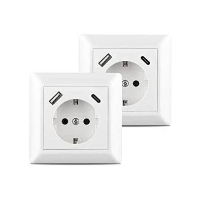 Imagen de 2 X USB Enchufe, Kaifire Schuko Enchufe de pared con y Tipo C 3.4A Toma Corriente Empotrado para Smartphone Tablet MP3