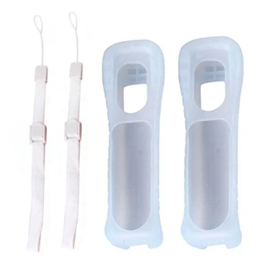 Imagen de 2 fundas de silicona blancas con correa muñeca para mando a distancia Nintendo Wii