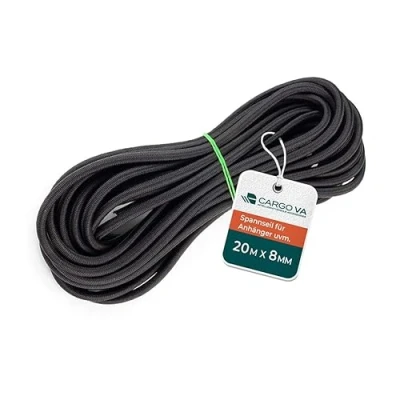Imagen de CargoVA Cuerda de goma 8 mm, 20 m, color negro, 80 % estiramiento, resistente a la intemperie para remolques, toldos, lonas UVM