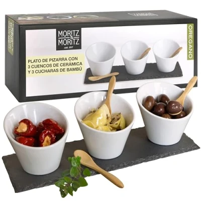 Imagen de Moritz &amp; Juego de Servir Oregano 7 Piezas Cuencos Ceramica Bandeja Pizarra Cucharas Bambu para Salsas Snacks Entrantes Postres
