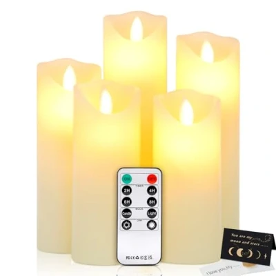 Imagen de IGUGI Velas LED,Pack de 5 LED sin Llama,llamas parpadeantes Efecto llama real,con Mando a Distancia y Temporizador Decorativas pilas para Decoración, Bodas, Navidad(Marfil)