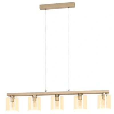 Imagen de EGLO Castralvo lámpara colgante, longitud 115 cm, madera/ámbar, 5 luces, cristal