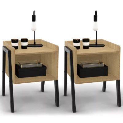 Imagen de IDMarket DALAT Juego de 2 mesitas noche (1 nicho madera y patas metálicas, diseño industrial, color negro