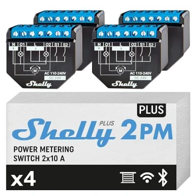 Imagen de Shelly Plus 2PM Interruptor Inteligente WiFi &amp; Bluetooth, para Cortinas y Persianas, 2 Canales 16A, Medición de Energía Temporizador, Control Remoto por Teléfono, Alexa Google Home (4 Piezas)