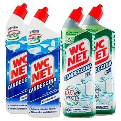 Imagen de Wc Net Gel blanqueador extra blanco, limpiador para sanitarios y superficies, esencias variadas según disponibilidad, 700 ml x 4 paquetes