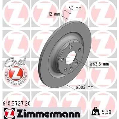 Imagen de ZIMMERMANN COAT Z 610.3727.20 Disco de freno 302 12 6/5 5 108 macizo revestido VOLVO: XC60 II, V60 II