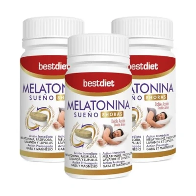 Imagen de BestDiet Melatonina Doble Acción complemento alimenticio contribuye a disminuir el tiempo para conciliar sueño 1mg de por comprimido Pack 3 botes con 30 comprimidos