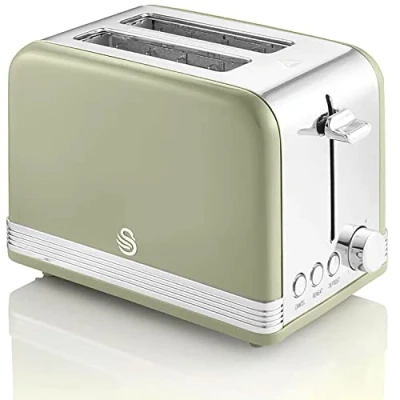 Imagen de Swan Retro ST19010GNEU Tostadora Pan Ranura Ancha 2 Rebanadas, Diseño Vintage, 3 Funciones: Descongelación, Recalentamiento, Cancelación, Regulador 6 Niveles de Tostado, Acero Inoxidable, Verde, 815W