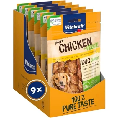 Imagen de Vitakraft Palitos de Pollo Zanahoria, Barra para Masticar con Carne magra y golosinas Perros sin Cereales, Ideal como recompensa ententre, azúcar añadido (9 x 80