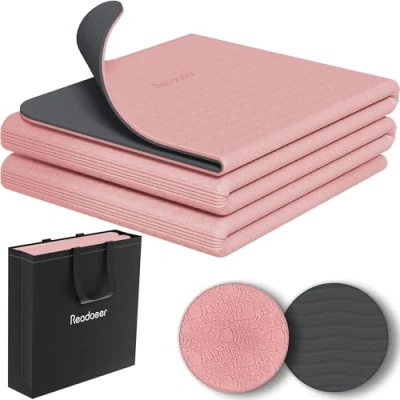 Imagen de tapete de yoga plegable para viajes, 6 mm grosor con bolsa transporte, antideslizante TPE ejercicios pilates 182.9 cm largo x 61.0 (rosa + gris oscuro)