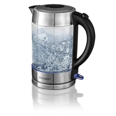 Imagen de Cloer 4429 Hervidor de agua cristal, 2200 vatios, Iluminación LED, Tapa boquilla silicona, indicador nivel agua, elemento calefactor oculto, 1,7 litros, acero inoxidable