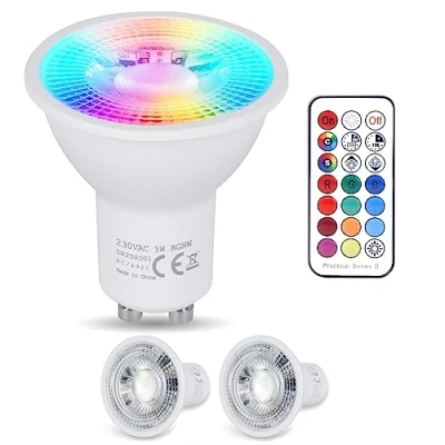 Imagen de YAYZA! Bombillas Gu10 LED Calido 5W 3000k (Equivalente 50W Bombilla LED), Regulable Focos 450 Lúmenes, RGB 12 Colores, Control por inteligente mando, Para el Hogar, Bar, Fiesta. (2 PCS)