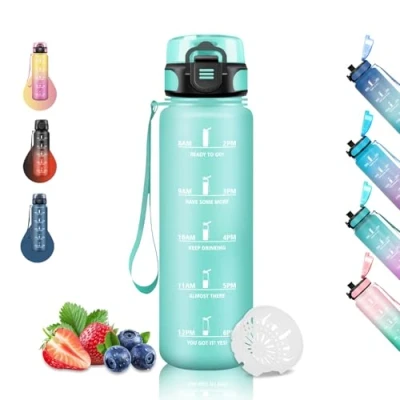 Imagen de Botella Agua 1 Litro, Gimnasio, Reutilizable, Fácil de Limpiar, Deportiva, con Marca Tiempo, para la Ciclismo, Correr, Senderismo, Yoga, Verde