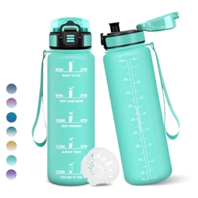Imagen de Botella Agua, 1 litro Libre de BPA, Agua Gimnasio, Con Marca Tiempo, Botellas Diseño Cerradura a Prueba Fugas, para Niños Deportes Azul Verde
