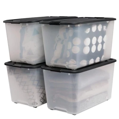 Imagen de Iris Ohyama, Caja de almacenamiento plástico, garaje 70 l, Lote 4, Sin BPA, TBR 70, Negro, Apilable, Clips cierre A68 x F39 A38 cm