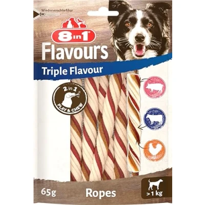 Imagen de 8in1 Triple Flavour Ropes Varillas para Masticar Perros Bocadillos masticables Jugar y con Carne de Res, Cerdo Pollo, Bolsa 65 g (Aprox. 6 Unidades)