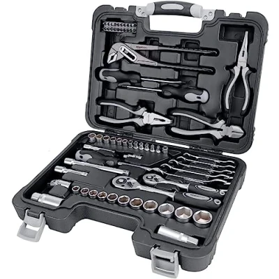 Imagen de Amazon Basics Juego de herramientas para el hogar, 65 Unidad, Paquete 1, Negro