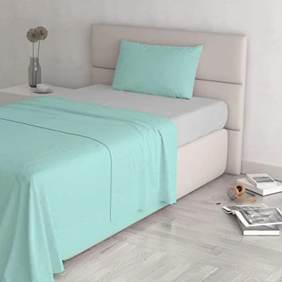 Imagen de Italian Bed Linen Juego de sábanas Natural Color Plana 150x300, Hoja instalada 90x200cm+Funda 52x82cm, Petroleo/Verde Botella, AVIO/HUMO, singolo