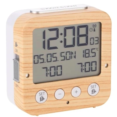Imagen de TFA Dostmann Bingo 60.2528 Reloj despertador con retroiluminación automática, fecha, indicador de temperatura y dos alarmas, 81 x 33 mm, aspecto madera, teclas blancas