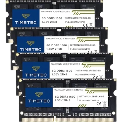 Imagen de Timetec 32 GB Kit(4x8GB) DDR3 1600MHz PC3 12800 sin búfer 1,35V/1,5V CL11 2Rx8 Dual Rang 204 Pines SODIMM Ordenador portátil PC RAM módulo actualización PCB Negro
