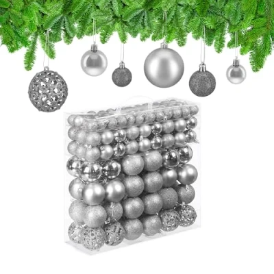 Imagen de Relaxdays Juego Bolas Árbol Navidad, Decoración Navideña Mate, con Brillantina, Relucientes, de 3, 4 y 6 cm Ø, Plateado, 150 Unidades