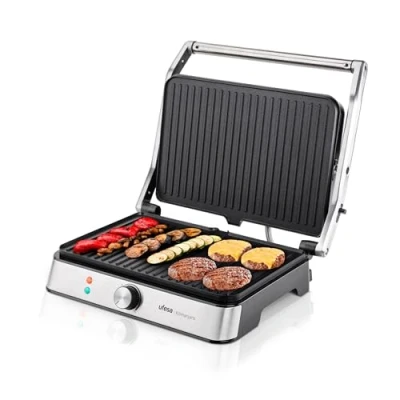 Imagen de Ufesa Kilimanjaro Parrilla Eléctrica, Panini Press Grill, 2200W, Placas Antiadherentes 34x23cm, Apertura 105 108º, Asa Tacto Frío, Regulador de Temperatura, Negro Inox