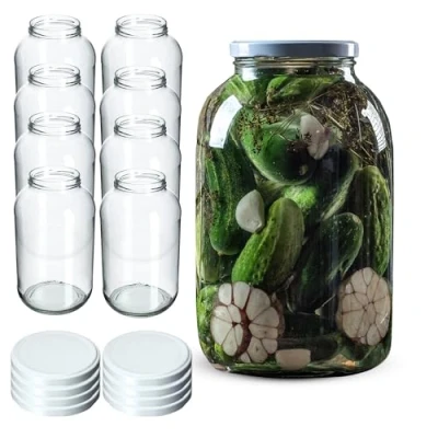 Imagen de KADAX tarros de conservas 4 L, fi100 mm, para conservas, redondos, pepino, (8 unidades, tapa blanca)