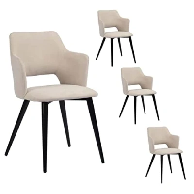 Imagen de MEUBLE COSY Juego de 4 sillas Comedor, sillón con reposabrazos, Asiento Acolchado Tela, Patas Metal, para Cocina, salón, Dormitorio, Oficina, Color Beige, 48x54.5x80cm