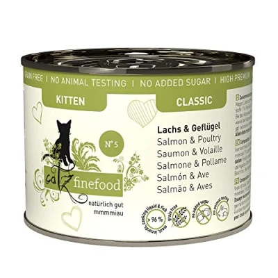 Imagen de catz finefood Comida húmeda para Gatos de salmón y Aves Corral Kitten N 5, jóvenes, sin Cereales azúcar, con Alto Porcentaje Carne, 6 latas 200 g