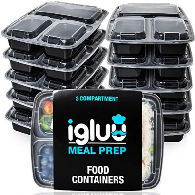 Imagen de Igluu Meal Prep Recipientes de 3 Compartimentos para comida Plástico Sin BPA con Tapas Herméticas Apilables y Reutilizables Aptos Microondas, Congelador Lavavajillas Set 20