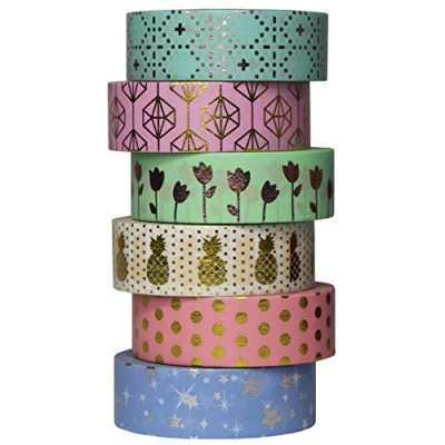 Imagen de UOOOM 6 Rollos Washi Tapes Cintas decorativo adhesivo oro Patrónes cinta para Scrapbooking DIY Craft Álbum de Recorte Arte Artesanía Oficina Fiesta Embalaje Regalo 10 m x 15 mm Design 9061
