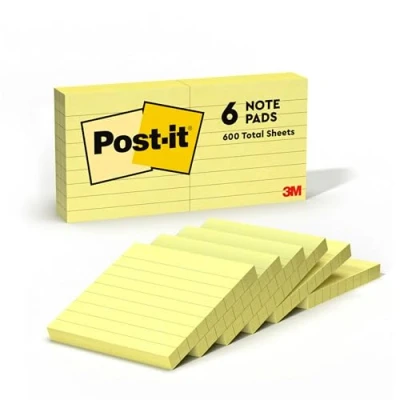 Imagen de Post it Notas, Canary Yellow, con renglones, 76 mm x mm, 100 hojas/bloc, 6 blocs/paquete