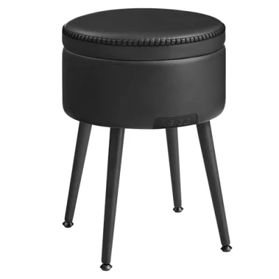 Imagen de VASAGLE EKHO Colección Puff Almacenaje, Taburete de Tocador, Piel Sintética con Costura, Moderno Siglo Mediado, Asiento Redondo Almacenaje Patas Acero, Carga 150 kg, Negro Tinta LOM005B01