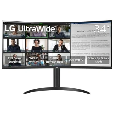 Imagen de LG 34WR55QK Monitor curvo de computadora VA UltraWide WQHD (3440 x 1440) 34 pulgadas, 100 Hz, 5 ms, HDR10, modo lector, HDMI, DisplayPort, USB tipo C, soporte ajustable inclinación/altura,