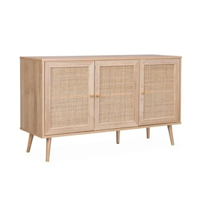 Imagen de Alice&#039;s Home sweeek Aparador de caña 120x39x70cm Bohème 2 Niveles, 3 Puertas, Patas escandinavas, Natural