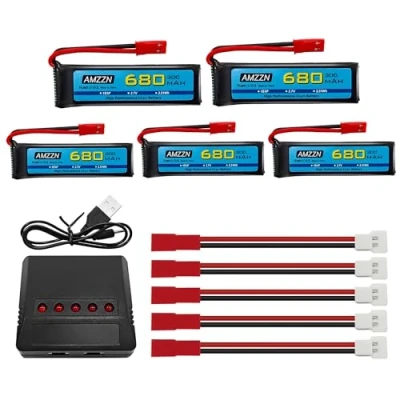 Imagen de AMZZN 5 Unidades 3,7V 680mAh 1S Lipo batería JST Enchufe con Cargador en 1 Adecuado para UDI U817 U818A V959 V222 V929 S032 Drone de Control Remoto, Cuatro Ejes Respaldo Aviones