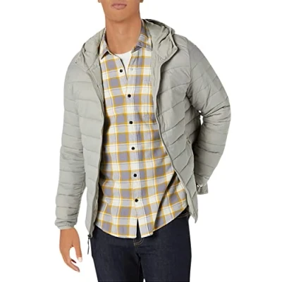 Imagen de Amazon Essentials Chaqueta Acolchada con Capucha, Plegable, Ligera y Resistente al Agua Hombre, Gris Claro, S