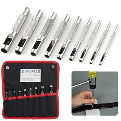 Imagen de Spurtar 9 Piezas Juego de Punzones 2.5mm 10mm Acero Agujero Profesionales Punzón Hueco Cuero para Cinturón Banda Reloj Perforadora