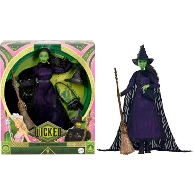 Imagen de Mattel Wicked Elphaba Muñeca de moda lujo articulada y accesorios, estilo inspirado en la película con el pelo trenzado, HXY38