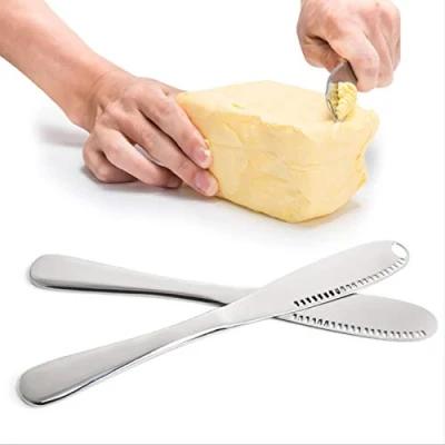Imagen de VANRA Juego de 4 Cuchillos para Mantequilla 3 en 1 Acero Inoxidable Queso con Filo Dentado, Ranuras Rallar, Cuchara