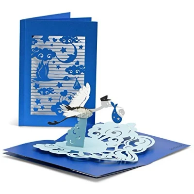 Imagen de tarjeta de felicitación nacimiento con página extra para saludos niños azul 3D pop up una cigüeña y un bebé felicitar