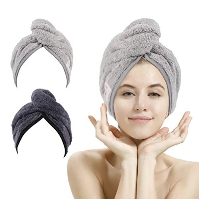 Imagen de Paquete de 2 toallas secado del cabello, toalla pelo, turbante microfibra súper absorbente con diseño botón para secar el cabello rápidamente (gris oscuro y gris claro)