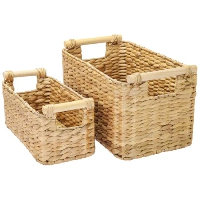 Imagen de HMF cesta de almacenamiento para baño, trenzada jacinto agua con asas madera, juego 2