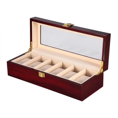 Imagen de Uten Caja Relojes con 6 Compartimentos, de madera para Reloj Ventana Transparente Almohada Extraíble, Cierre Metal, Marrón Rojo