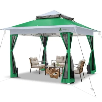 Imagen de VOUNOT Carpa Plegable Gazebo 3.6x3.6m con Botón Central y Laterales de Malla, Cenador Pabellón Pop Up Jardín Techo Doble Bolsas Arena, Protección UV, para Camping, Fiestas, Exterior, Verde