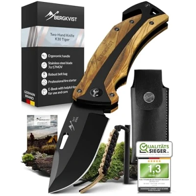 Imagen de BERGKVIST K30 Tiger Cuchillo Plegable (navaja de dos manos) Navaja bolsillo 3 en 1 con rompecristales y cortacinturones para exteriores supervivencia